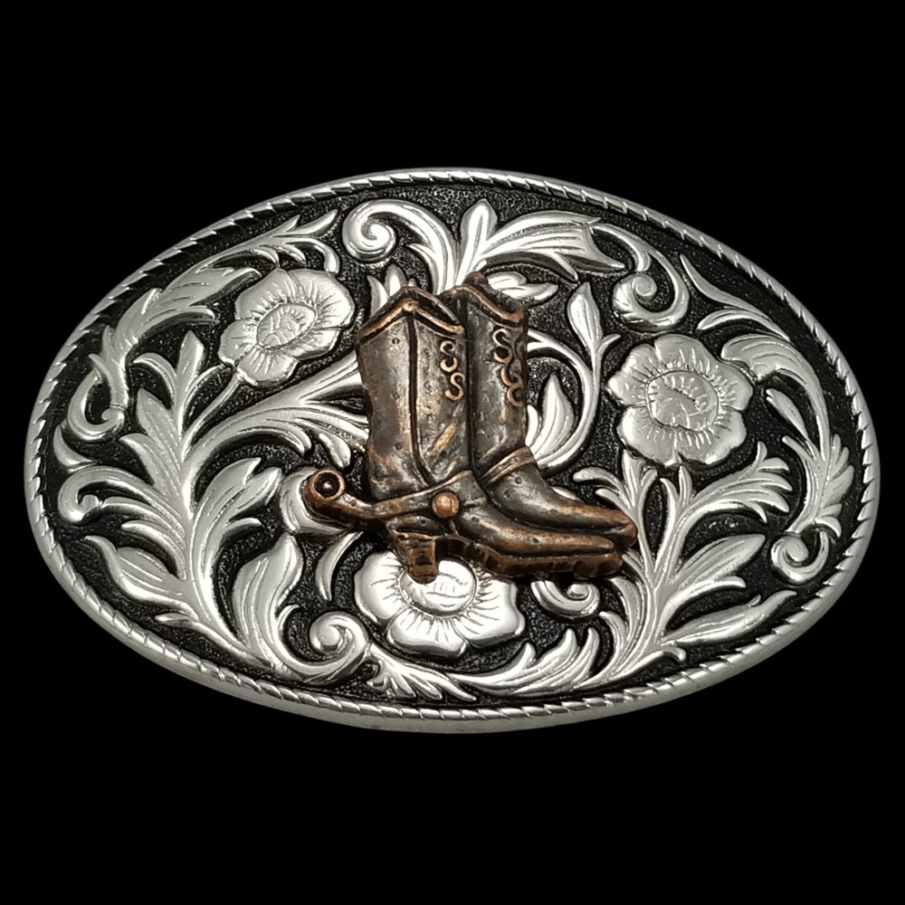 Western Cowboy Boots Floral Engraved Belt Buckle Vintage‎ Style Made in USA